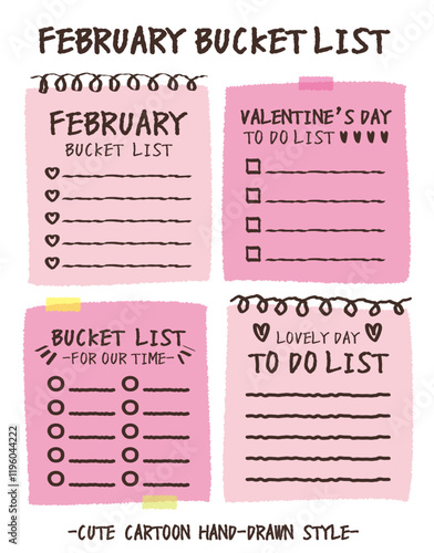 Hand drawn style valentine's day bucket lists set. Checklists with heart and flower pattern. Cartoon doodle style day do list for lover. Cute colorful romantic bucket list memo. Chart Paper note Idea