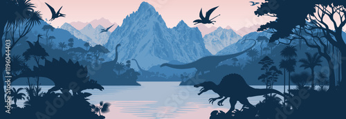 Vector prehistoric lake in jungle background with dinosaurs: Spinosaurus, stegosaurus, Diplodocus and pterodactyl
