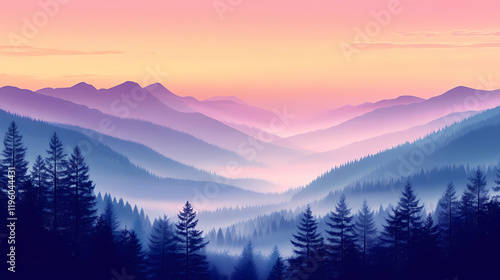 Misty mountain valley at dawn. Goldenmist. Illustration photo