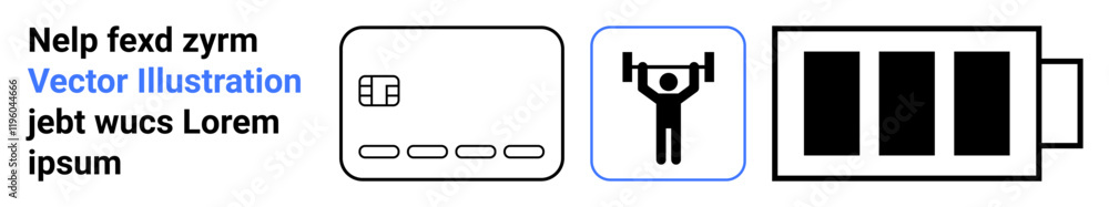 Three distinct icons, including a credit card, a weightlifter, and a battery. Ideal for finance, sports, energy, digital payments physical fitness technology and mobile devices. Landing page Three distinct icons, including a credit card, a weightlifter, and a battery. Ideal for finance, sports, energy, digital payments physical fitness technology and mobile devices. Landing page