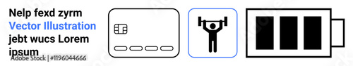 Three distinct icons, including a credit card, a weightlifter, and a battery. Ideal for finance, sports, energy, digital payments physical fitness technology and mobile devices. Landing page