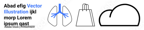 Lungs illustration, shopping bag icon, and cloud outline next to sample text in blue and black. Ideal for medical, health, retail, cloud computing, environment design educational uses. Landing page