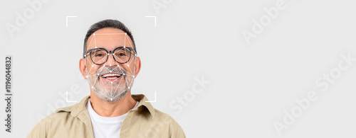 Konstfotografi A smiling older man with glasses faces the camera, showcasing advanced facial recognition technology