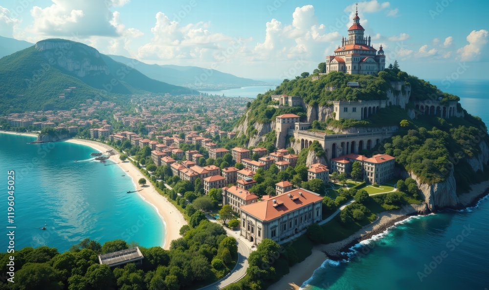 Fototapeta premium A stunning aerial view of a coastal town with a historical castle on a hill, surrounded by crystal-clear waters and lush mountains, perfect for travel and tourism projects.