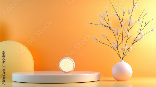 Minimalist design featuring round mirror on white pedestal with soft yellow background and decorative vase with branches. scene evokes calm and modern aesthetic
