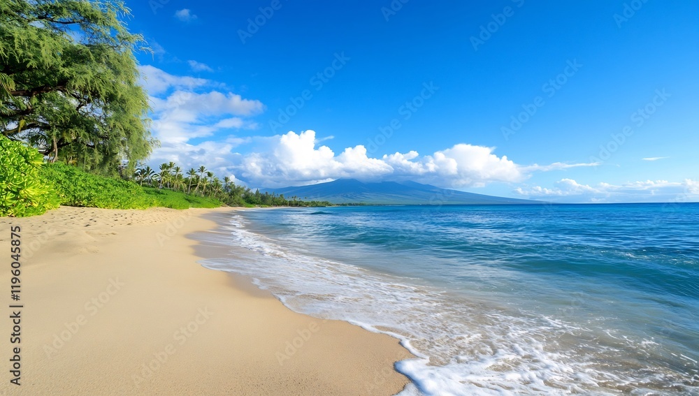 Tropical beach, calm ocean, volcanic mountain backdrop; idyllic vacation scene Tropical beach, calm ocean, volcanic mountain backdrop; idyllic vacation scene