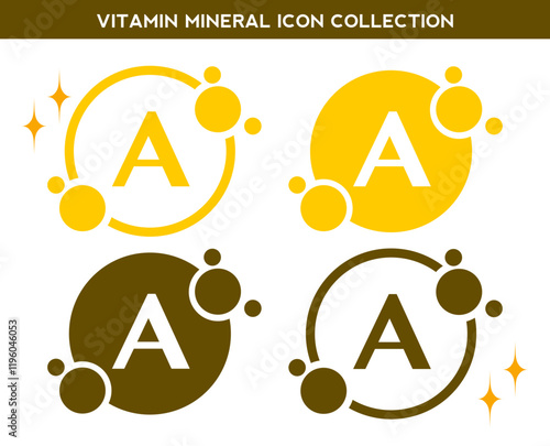Vitamin, mineral icon. Set of flat yellow vitamin A vector. Golden vitamin mineral A capsule. Nutrition, food supplement design. Multivitamin complex. Vitamins capsules. Dietary supplement pharmacy