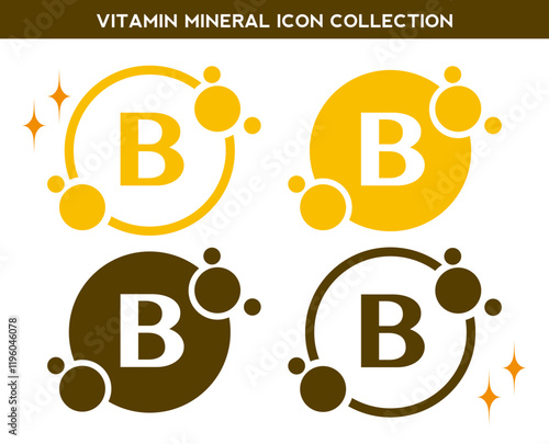 Vitamin, mineral icon. Set of flat yellow vitamin B vector. Golden vitamin mineral B capsule. Nutrition, food supplement design. Multivitamin complex Vitamins capsules. Dietary supplement pharmacy