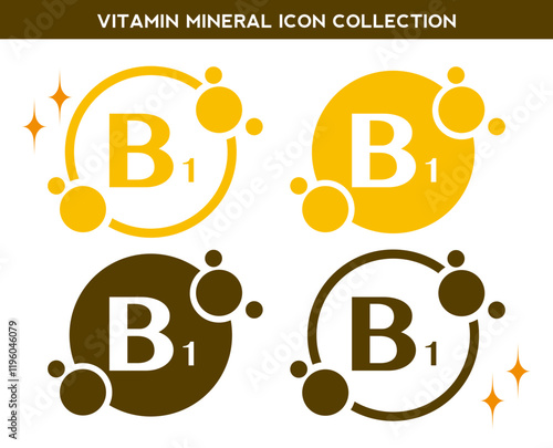 Vitamin, mineral icon. Set of flat yellow vitamin B1 vector. Golden vitamin mineral B1 capsule. Nutrition, food supplement design. Multivitamin complex Vitamins capsules. Dietary supplement pharmacy