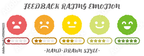 Hand drawn style feedback emoticons colorful rating emoji icon set with five-star rating. Level of user experience satisfaction rating. Customer service and satisfaction. Rate levels on scale faces.