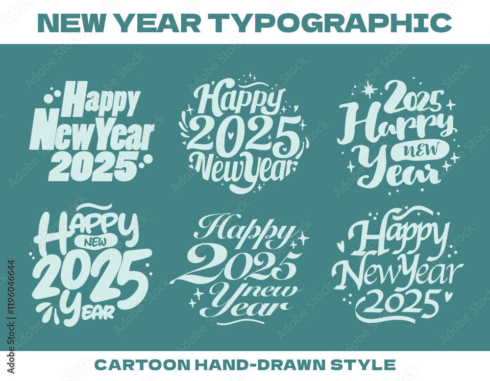 Fototapeta premium 2025 Happy New Year typographic. Set of Handwriting style greeting text. Cute hand drawn style blue color New Year holiday lettering Decorative retro style happy new year Calligraphy vector collection