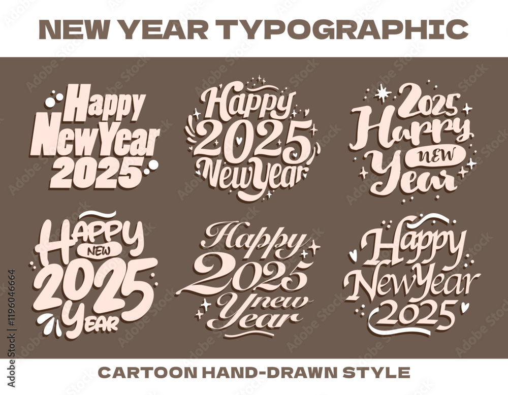 Fototapeta premium 2025 Happy New Year typographic. Set of Handwriting style greeting text. Cute hand drawn style New Year holiday lettering Decorative retro style happy new year Calligraphy vector collection. design