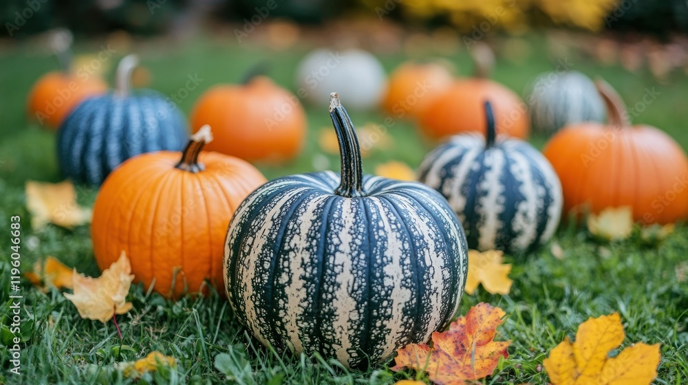 Colorful Pumpkins on Green Grass Surrounded by Autumn Leaves Colorful Pumpkins on Green Grass Surrounded by Autumn Leaves