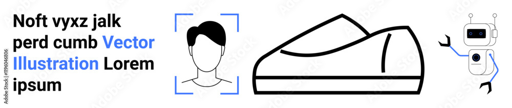 Human face recognition, a modern shoe design, and a smiling robot with a peace sign. Ideal for technology, fashion, AI development, robotics, facial recognition, futuristic design, innovative trends Human face recognition, a modern shoe design, and a smiling robot with a peace sign. Ideal for technology, fashion, AI development, robotics, facial recognition, futuristic design, innovative trends