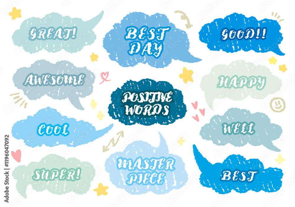 Comic style cute quote colorful speech bubble with positive words. Set of hand drawn memo frame. Cartoon doodle crayon drawing cloud, box, message. Flat vector. Best, Awesome, WOW, Master, Piece, Go Comic style cute quote colorful speech bubble with positive words. Set of hand drawn memo frame. Cartoon doodle crayon drawing cloud, box, message. Flat vector. Best, Awesome, WOW, Master, Piece, Go