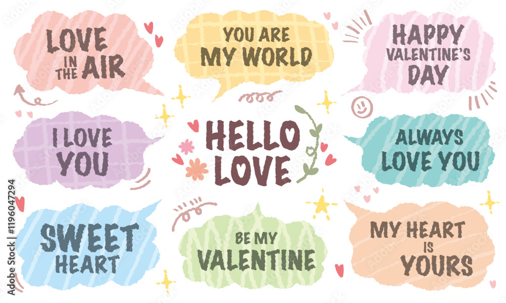 Set of valentine’s Day typography lettering speech bubbles. Doodle chat frame romantic message colorful word for lover. Love heart pattern sweet wedding decorative. Sticker sweet short. Memo sticker Set of valentine’s Day typography lettering speech bubbles. Doodle chat frame romantic message colorful word for lover. Love heart pattern sweet wedding decorative. Sticker sweet short. Memo sticker