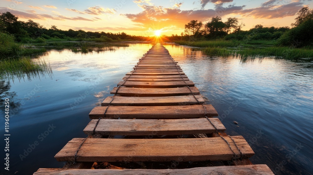 Fototapeta premium Serene Wooden Bridge Over Tranquil Water at Sunset in Nature