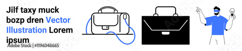 Designer holding lightbulb, handbag and briefcase vectors. Ideal for business, design, work, innovation, marketing, branding, productivity professionalism Landing page