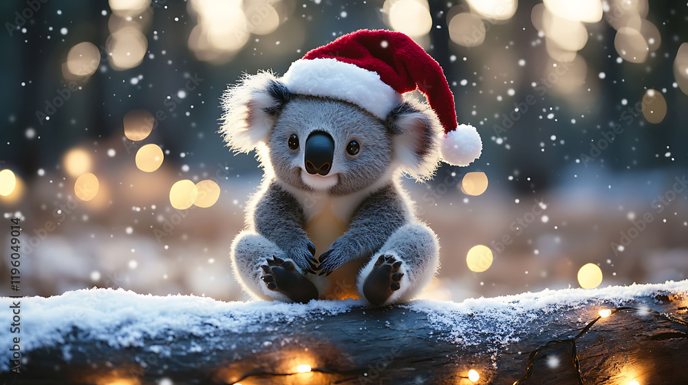 A cute stuffed koala with a Christmas hat sitting on snowy log with twinkling fairy lights A cute stuffed koala with a Christmas hat sitting on snowy log with twinkling fairy lights