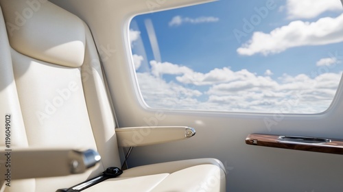 Luxurious helicopter interior, cloudscape view, flight travel photo