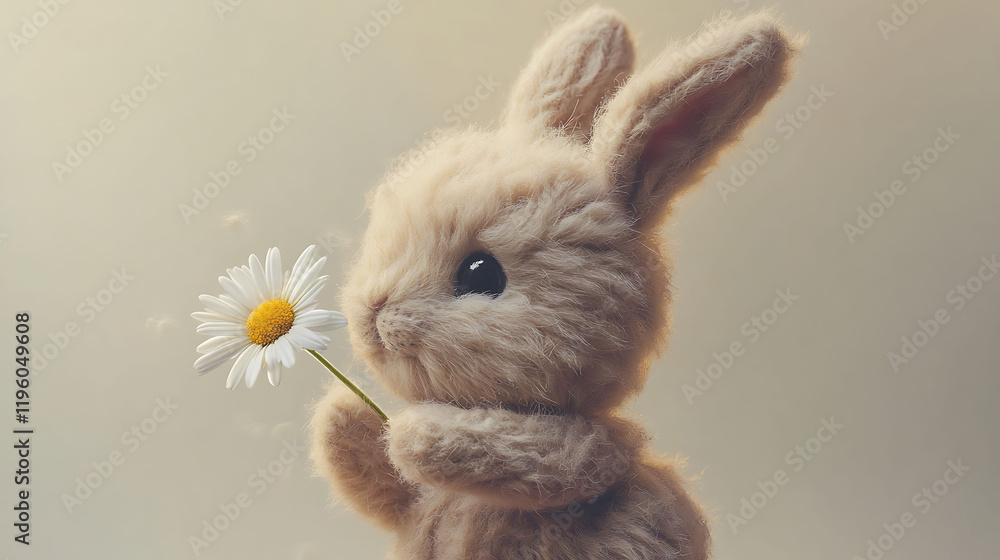 Fototapeta premium A fluffy bunny plush holding a daisy with petals gently falling