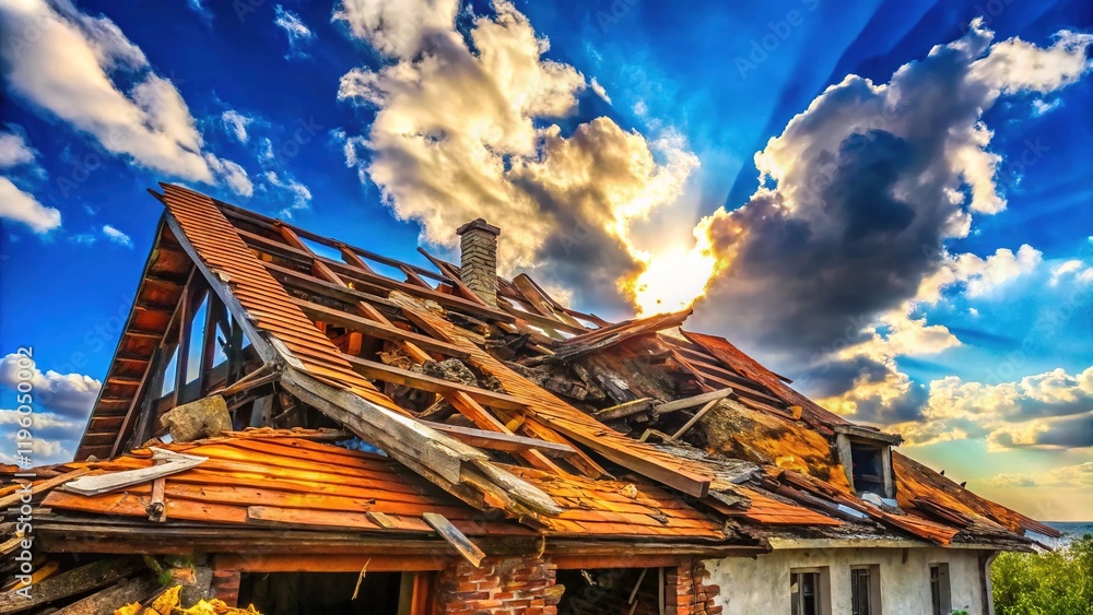 Summer Sky, Burned House Roof Collapse, Detailed Close-Up Summer Sky, Burned House Roof Collapse, Detailed Close-Up