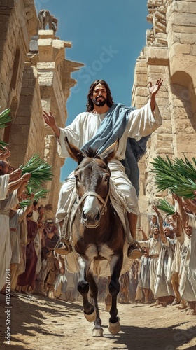 Jesus christ entering jerusalem riding a donkey on palm sunday