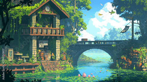 秋の癒しの森｜美しい光が差し込むピクセルアートの自然風景。ファンタジー、ゲーム世界。