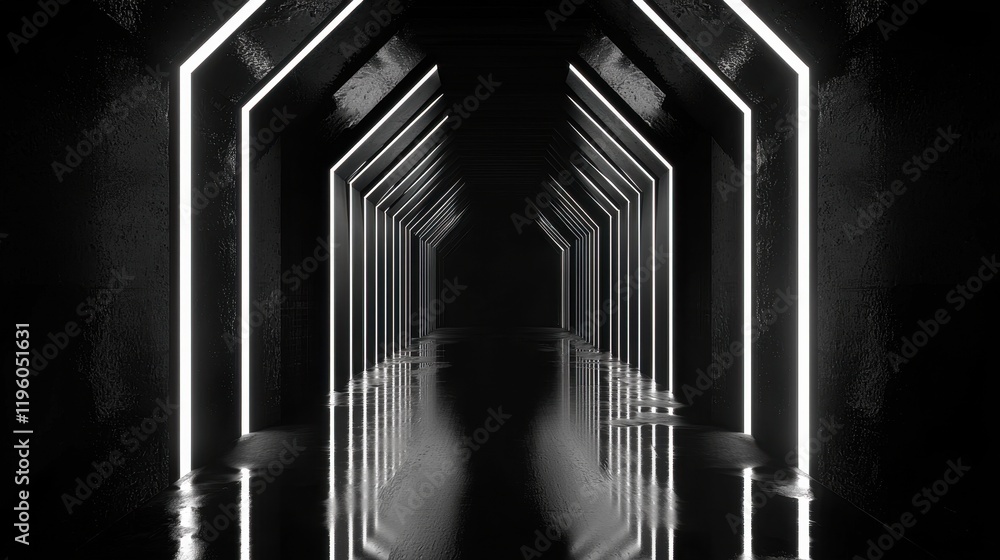 Fototapeta premium Dark Futuristic Hallway with Glowing Neon Lights and Reflective Floor in Minimalist Architectural Design, Creating an Intriguing Atmosphere for Various Creative Projects