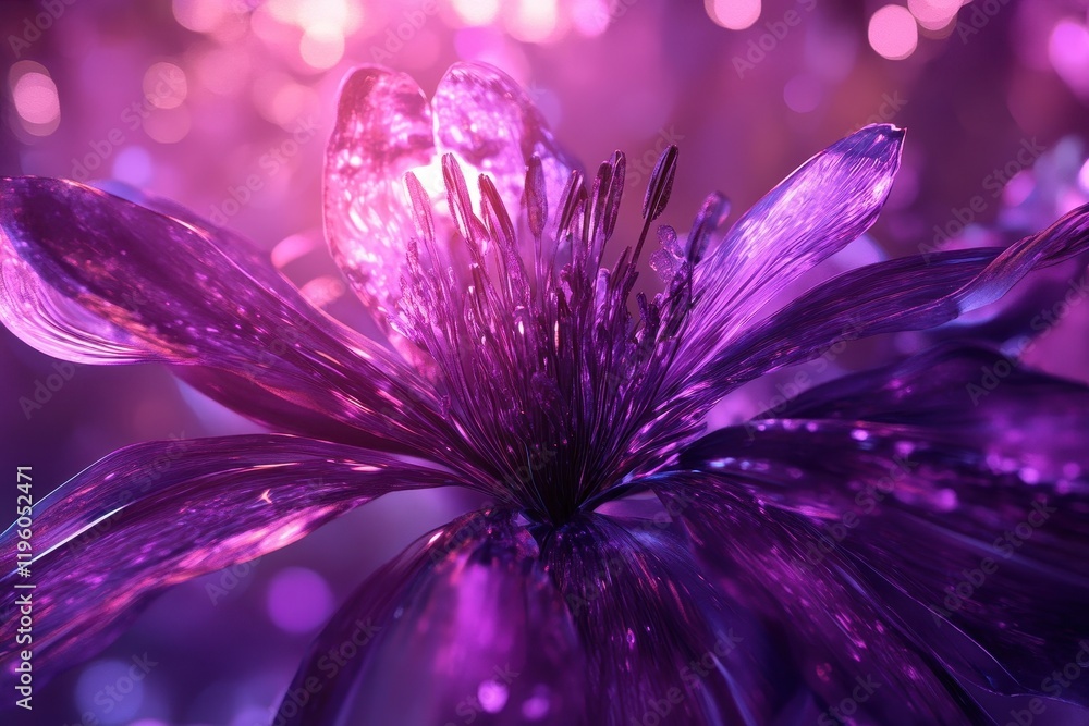Obraz premium Vibrant purple flower, glowing petals, bokeh background. Perfect for designs needing fantasy, beauty, or luxury themes.