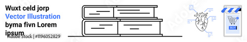 Stack of black and white books with detailed anatomical heart diagram and online store interface. Ideal for education, medical content, online learning, e-commerce, tutorials, libraries, digital