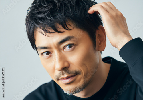 髪を触る中年男性、薄毛、抜け毛、ヘアケア、40〜50代