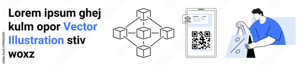 QR code scanning on smartphone next to blockchain network diagram and person carrying shopping bags. Ideal for e-commerce, technology, digital security, blockchain, mobile payment, shopping, online QR code scanning on smartphone next to blockchain network diagram and person carrying shopping bags. Ideal for e-commerce, technology, digital security, blockchain, mobile payment, shopping, online