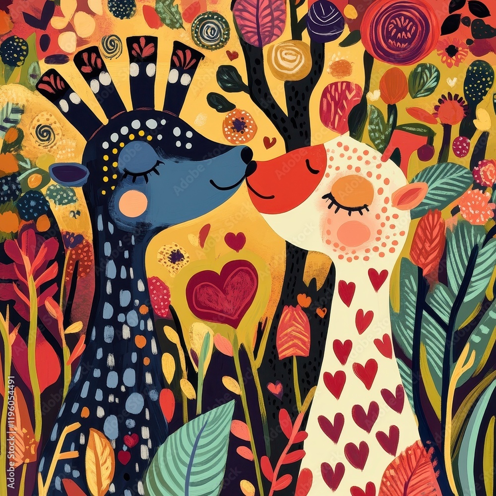 Two Giraffes Kissing Amidst Vibrant Floral Surroundings Two Giraffes Kissing Amidst Vibrant Floral Surroundings