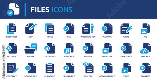 Files icon set. Containing document, notes, edit, write, folder, contract, add file, JPG and more. Solid vector icons collection.