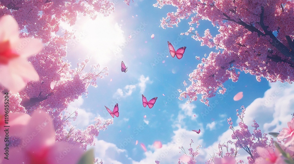 Cherry Blossom Branches With Butterflies Against a Bright Blue Sky Cherry Blossom Branches With Butterflies Against a Bright Blue Sky
