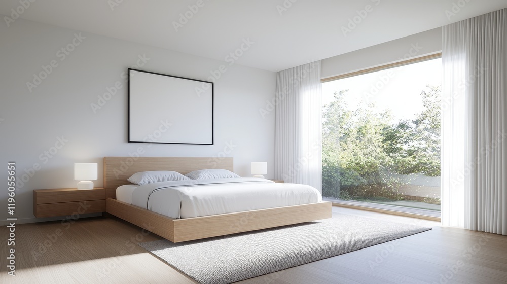 Fototapeta premium Modern Minimalistic Bedroom with Large Window and Natural Light, Featuring Simple Bed Design, Cozy Furniture, and Serene Interior Ambiance for Contemporary Living Spaces