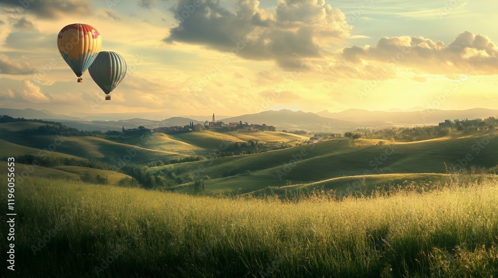 Obraz premium Hot Air Balloons Over Tuscan Rolling Hills Sunset Landscape