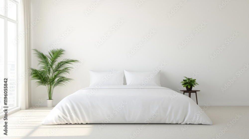 Naklejka premium Bright and Airy Minimalist Bedroom with White Bedding, Green Plants, and Soft Natural Light Streaming Through Large Windows Inviting Serenity and Calmness