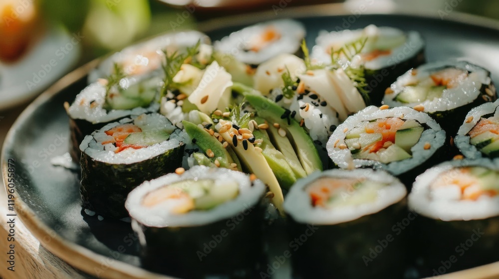 A colorful plate of vegan sushi rolls, featuring avocado, cucumber A colorful plate of vegan sushi rolls, featuring avocado, cucumber
