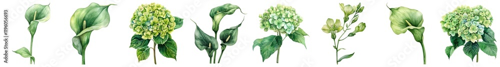Elegant Botanical Illustration of Greenery and Flowers in Various Styles for Creative Projects and Nature Themes Elegant Botanical Illustration of Greenery and Flowers in Various Styles for Creative Projects and Nature Themes