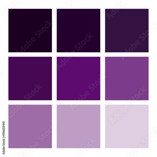 Purple color palette. Gradient tone swatches. Vibrant vector grid. Artistic square shades.