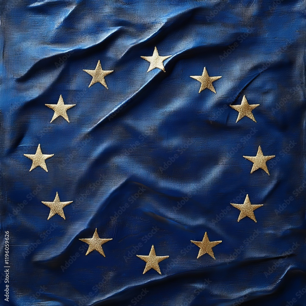 Close-up of a textured flag with gold stars. Close-up of a textured flag with gold stars.