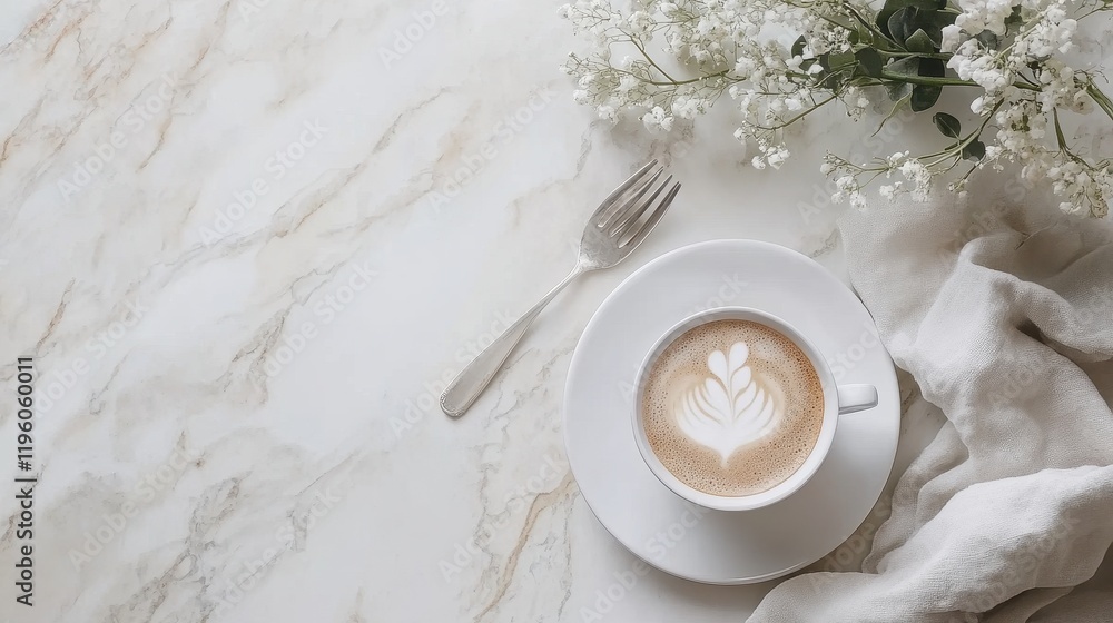 Flatlay of latte art coffee, fork, and flowers on marble. Perfect for blogs, menus, or websites showcasing coffee and calm aesthetics. Flatlay of latte art coffee, fork, and flowers on marble. Perfect for blogs, menus, or websites showcasing coffee and calm aesthetics.