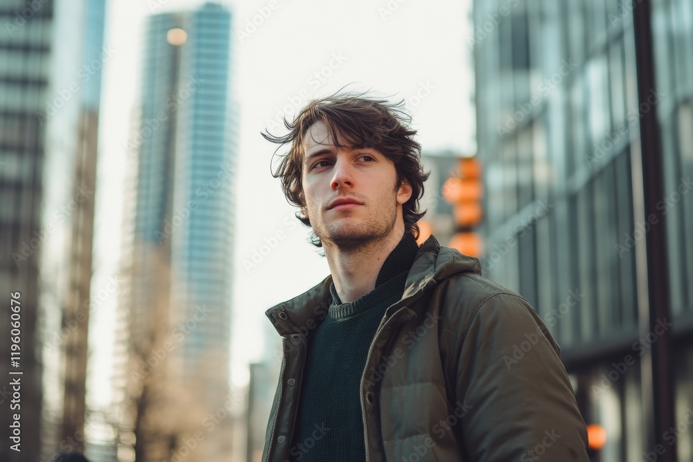 Young Man in Urban Setting with Modern Architecture and Soft Lighting Young Man in Urban Setting with Modern Architecture and Soft Lighting