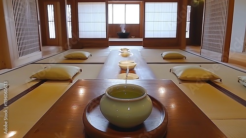 Tea ceremony, tranquil Japanese room, zen garden view, meditation photo