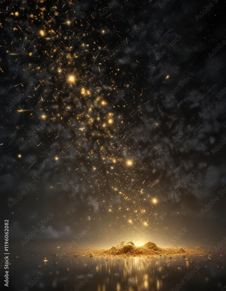 Fototapeta premium A cluster of glittering gold particles float in mid-air amidst a starry night sky with a subtle gradient effect, abstract background, atmospheric phenomenon, celestial landscape