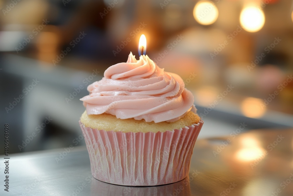 Pink cupcake with a single lit candle. Perfect for birthday, celebration, or dessert themes. Pink cupcake with a single lit candle. Perfect for birthday, celebration, or dessert themes.
