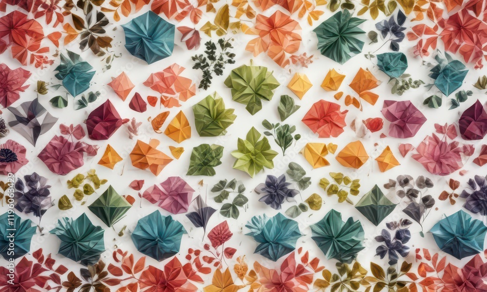 Colorful geometric patterns with shapes of nature on a white background, floral, brochure, design Colorful geometric patterns with shapes of nature on a white background, floral, brochure, design