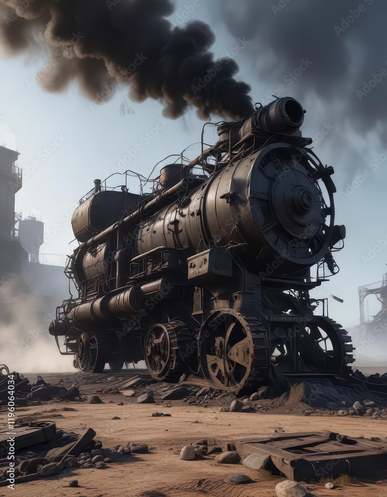 Obraz premium Dark smoke swirling around abandoned machinery, smoke, shadows, ambiance